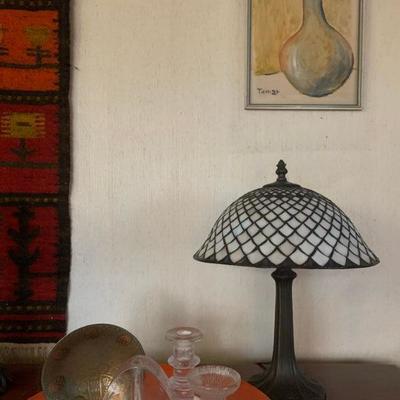 Still Life Signed Tamar, Tiffany Style Lamp, Vintage Enamel Dish 