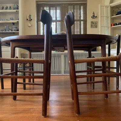 Teak Dining Table with Three Extensions, Rush Seat Teak Chairs 