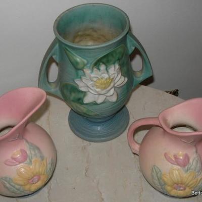 Pair Hull Pottery Pitchers, Roseville Waterlily behind it