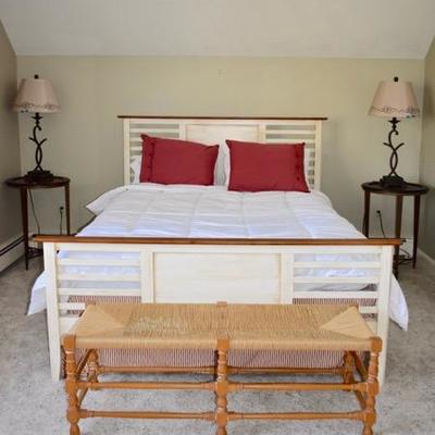 Painted queen bed and round bedside tables (Bedding not for sale)