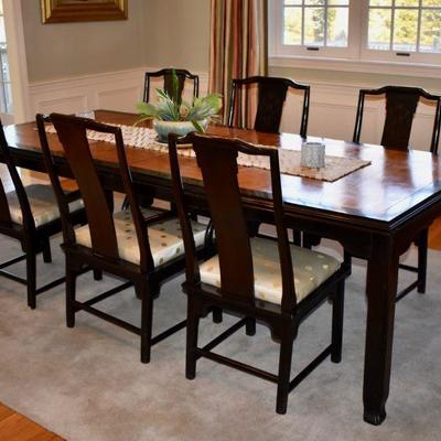 Asian inspired dining table with burlwood top and 6 chairs