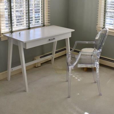 White writing desk and lucite chair