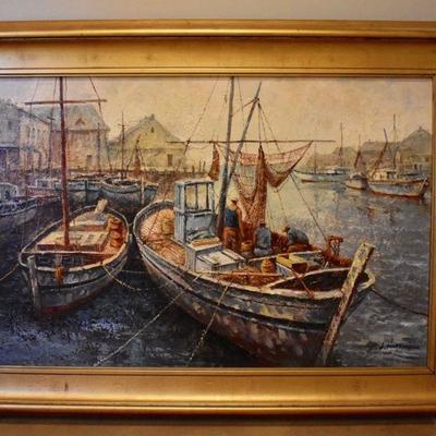 Harbor scene painting signed "J. Martineau"