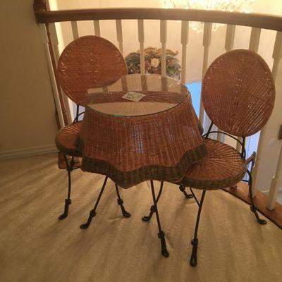 Wicker Bistro Table and Chairs set with glass top
