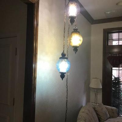 Vintage Hanging Pendant Light Fixture with Blue, Amber and Plum glass globes