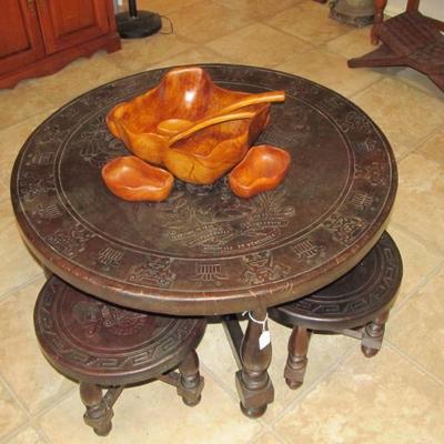 1960s Peruvian leather embossed round table w/ 4 stools. Very Rare and one of a kind. Exquisite and the leather is still beautiful.