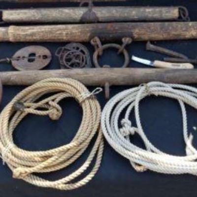 Wagon yokes, ropes, ammunition, stamp, spurs, hoof, knife, and iron bits. https://ctbids.com/#!/description/share/326777