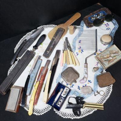 Antique Shaving Kit Supplies and Manicure Set with Combs, Glasses with Case, Doilies and Makeup Cases....