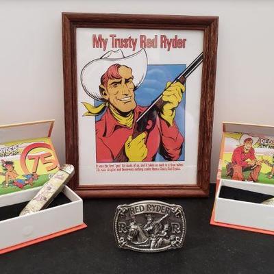 Red Ryder limited edition belt buckle number 182, Little Beaver 75th Anniversary Knife in box, Red Ryder 75th Anniversary Knife in box,...