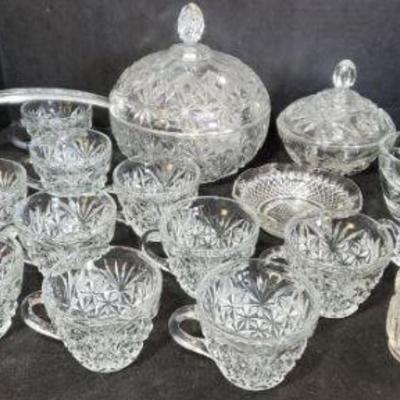 Crystal Glassware Collection of 16 pieces. One toothpick holder, ten punch glasses, one candy dish, one bowl, one sugar dish, one glass...
