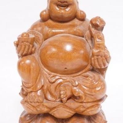 1114	CARVED WOODEN BUDDHA HOLDING A RU YI, 11 1/2 IN H 

