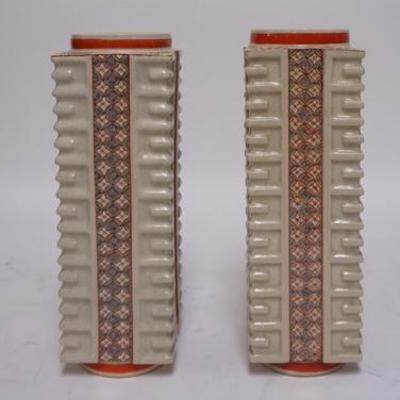 1112	PAIR OF MODERN DESIGN HAND PAINTED SATSUMA VASES CHARACTER SIGNED IS MARKED MADE IN JAPAN, 12 IN H 

