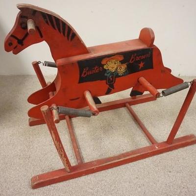 1044	WOODEN SPRING HORSE W/ BUSTER BROWN & TIGE ADVERTISING, 34 1/2 IN X 19 1/4 IN, 28 IN H
