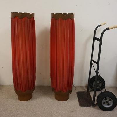 1069	TWO LARGE MID CENTURY MODERN LAMPS W/ WOODEN  CLOTH SHADES, ONE LAMP MISSING THE DIMMER, 4 FT 2 IN H 
