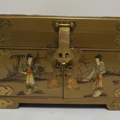 1077	ASIAN JEWELRY BOX W/ RELIEF FIGURES HAND PAINTING & BRASS HARDWARE, HAS A LIFT TOP & THREE INTERIOR DRAWERS, 14 IN X 9 IN, 10 IN H 
