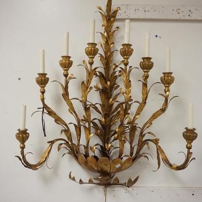 1011	GILT METAL EIGHT LIGHT WALL SCONCE W/ LEAF DECORATION, 30 1/2 IN W, 33 IN H 

