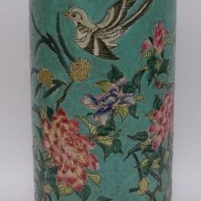 1125	ASIAN UMBRELLA STAND HAND PAINTED W/ BIRDS & FLOWERS CHARACTER SIGNED, 19 IN H 
