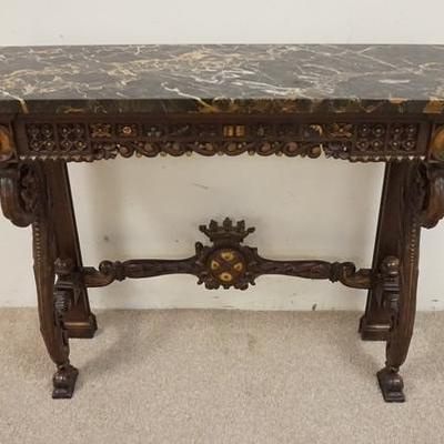 1050	NARROW MARBLE TOP ORNATELY CARVED ENGLISH ENTRANCE TABLE 
