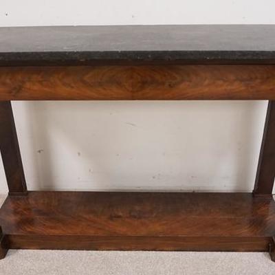 1162	MAHOGANY ONE DRAWER CONSOLE TABLE W/ DARK  MARBLE TOP 
