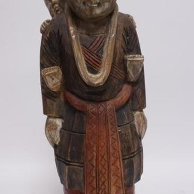 1119	LARGE ASIAN PAINTED WOOD CARVING, A MAN CARRYING A CHILD ON HIS BACK, THERE IS A SPLIT ON THE BASE,  24 1/2 IN H 
