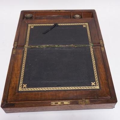 1187	VICTORIAN LAP DESK W/ LEATHER WRITING SURFACE & ORIGINAL INK BOTTLES, 13 3/4 X 8 3/4, 6 IN H 
