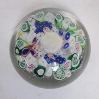 1173	MILLIFIORE PAPERWEIGHT SIGNED G F 1877 HAS A CLACK ON THE SIDE, 3 IN DIA 
