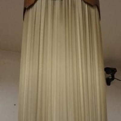 1070	MID CENTURY MODERN HANGING LAMP W/ WOODEN CLOTH SHADES, SOME TEARS TO FABRIC 
