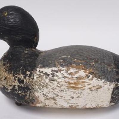 1176	CARVED WOODEN DUCK DECOY W/ GLASS EYES, 13 1/2 L 
