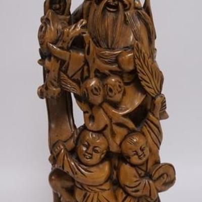 1115	LARGE ASIAN WOOD CARVING MAN W/ TWO CHILDREN, 24 IN H 
