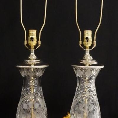 1033	PAIR OF SIGNED DRESDEN CUT CRYSTAL LAMPS W/ A ROSE DESIGN, 31 1/4 IN H 
