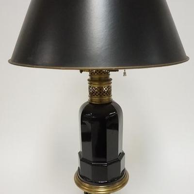 1021	WARREN KESSLER, NEW YORK 2 LIGHT TABLE LAMP, THERE IS A SMALL HOLE IN THE SHADE, 29 1/2 IN H 
