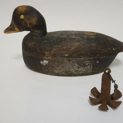 1013	ANTIQUE WOODEN DUCK DECOY W/ ANCHOR,  HAS GLASS EYES, 13 IN L 
