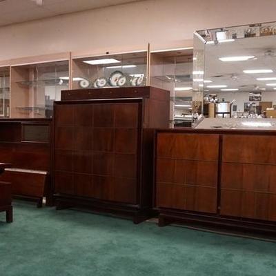 1071	FIVE PIECE WALNUT BEDROOM SET W/ BRONZE INSET BANDING ON DRAWER FRONTS, TWO END TABLES HAVE MARBLE TOPS 
