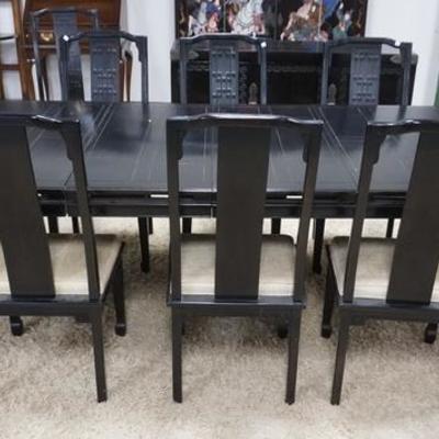 1146	CENTURY 12 PIECE EBONIZED CHINESE CHIPPENDALE DINING ROOM, TABLE W/ TWO LEAVES, SIDE BOARD & 10 CHAIRS, SOME SEATS HAVE STAINED...