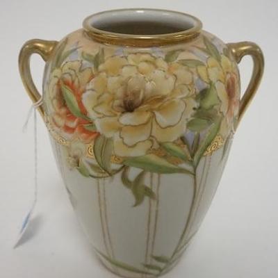 1025	HAND PAINTED NIPPON VASE W/ ROSES & GREEN WREATH, 7 14 IN H 
