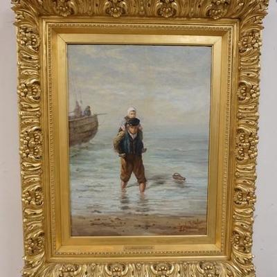 1131	JOZEF ISRAELS OIL ON CANVAS, TWO CHILDREN ON THE SHORE W/ A FISHING BOAT IN BACKGROUND, SIGNED LOWER RIGHT  IN AN ORNATE GILT FRAME...