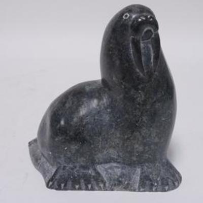 1117	INUIT CARVED STONE WALRUS SIGNED & DATED 1977, 7 1/2 IN W, 8 H 
