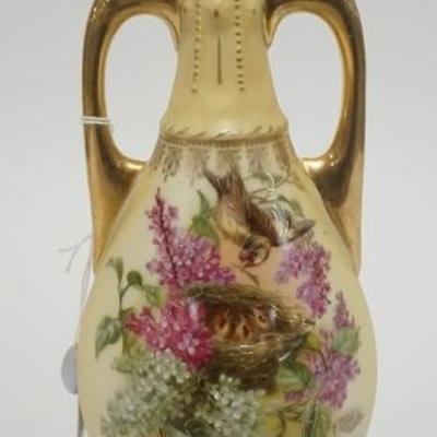 1026	ROYAL WETTINA AUSTRIAN VASE, DECORATED W/ LILACS & A MOTHER BIRD FEEDING HER BABIES IN THE NEST, 10 1/4 IN H
