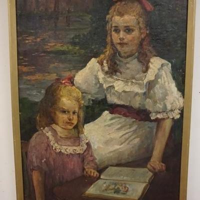 1004	CARL KAYSER-EICHBERG OIL ON CANVAS DEPICTING TWO YOUNG GIRLS READING A BOOK, 44 1/2 IN X 29 IN 
