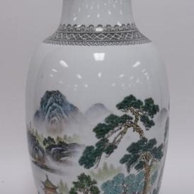 1124	SCENIC HAND PAINTED ASIAN VASE W/ CALLIGRAPHY ON THE REVERSE, CHARACTER SIGNED & MARKED MADE IN CHINA, 18 1/2 IN H 
