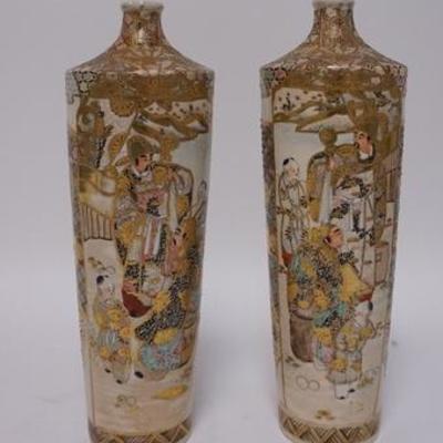 1109	PAIR OF HAND PAINTED SATSUMA VASES DEPICTING PEOPLE W/ AN INTRICATE BORDER DESIGN & GOLD TRIM, 12 IN H
