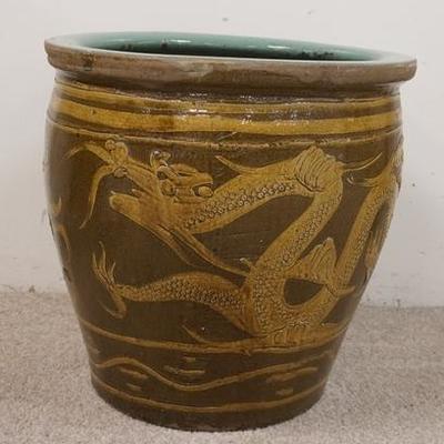1132	LARGE HEAVY ASIAN JARDINIERE W/ DRAGONS, 19 1/2 IN H, 20 IN DIA
