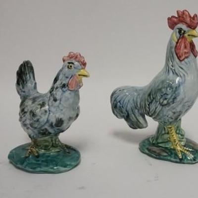 1047	STANGL CHICKEN & ROOSTER, CHICKEN 3445, ROOSTER 3446, TALLEST IS 9 1/2 IN 
