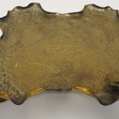 1005	BRASS/BRONZE FOOTED TRAY, HAS ENGRAVED DESIGN & CURLED RIM, 13 1/2 IN X 11 1/2 IN 
