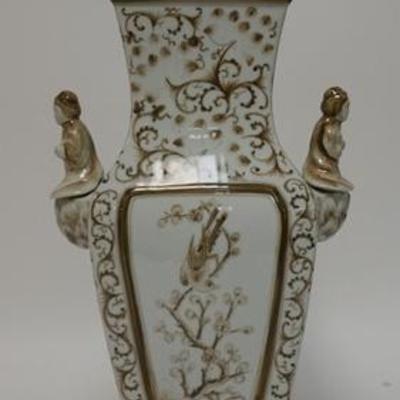 1084	MAITLAND-SMITH ASIAN STYLE TALL COVERED JAR W/ FIGURAL HANDLES & FINIAL, 20 1/4 IN H 
