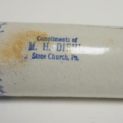 1029	DECORATED STONEWARE ROLLING PIN COMPLIMENTS OF M H DIEHL, STONE CHURCH PA, HANDLE MISSING, 8 1/4 IN W, 3 1/8 IN D 
