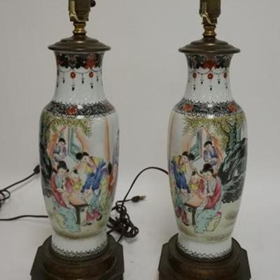 1079	PAIR OF HAND PAINTED VASES LAMPED, MIRROR IMAGE OF PAINTINGS OF WOMEN & CHILDREN, CHARACTER SIGNED ON THE REVERSE, TOTAL HEIGHT 20...