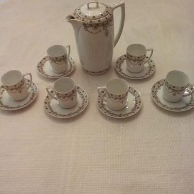 Antique M&Z Austria Teapot, Set of Six Teacups and Saucers