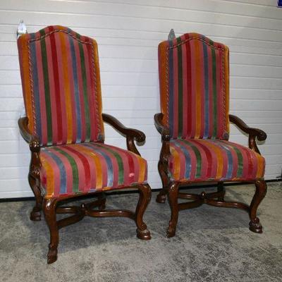 2 Tomlinson Erwin Lambeth Striped Upholstered Cherry Wood High Back Arm Chairs