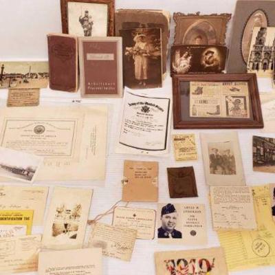 7605:  Vintage Postcards, Photos, Newspaper Article and Other US Military Papers
Contains personal affairs statement, blood donor card,...